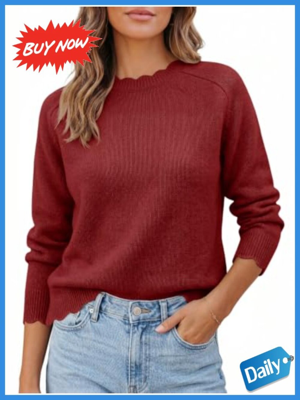 Long Sleeve Knit Pullover Sweater with Scallop Trim